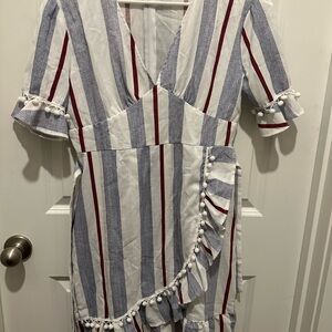 Elegant Striped Wrap Dress with Pom-Pom Trim